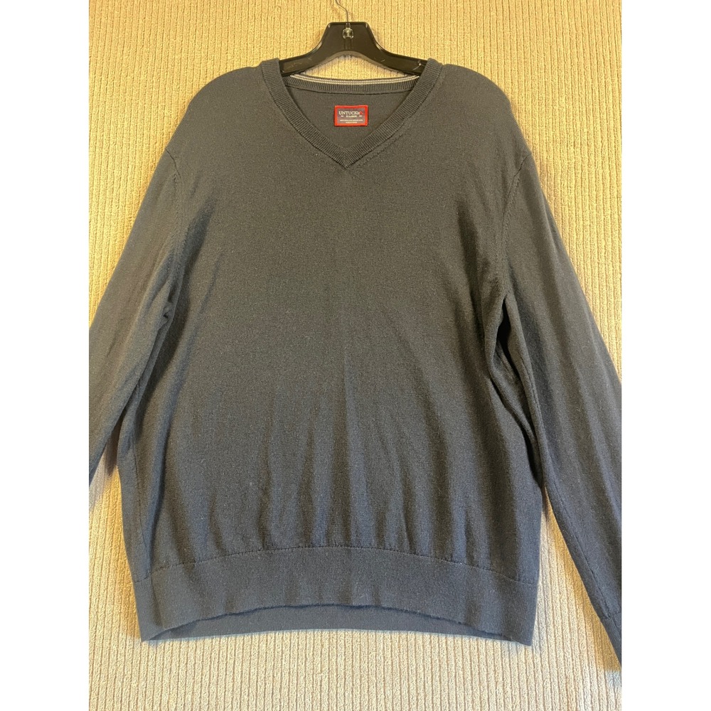 UNTUCKit Sweater Mens XL Wool V-Neck Extra Fine Merino Navy Blue EUC Pullover